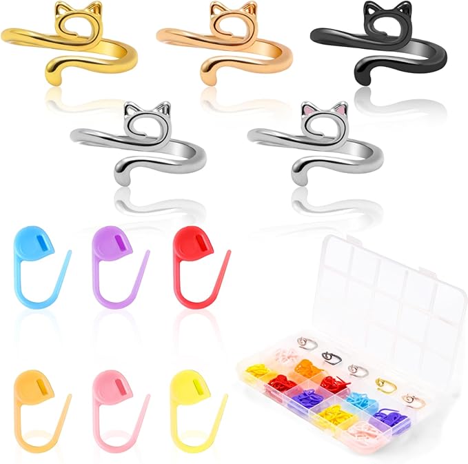 LBU 5Pcs Crochet Ring + 100Pcs Stitch Markers Adjustable Crochet Tension Rings for Finger Handmade Open Yarn Guide Crocheting Rings Knitting Accessories with Box Crochet for Crocheters Knitters(Cat)