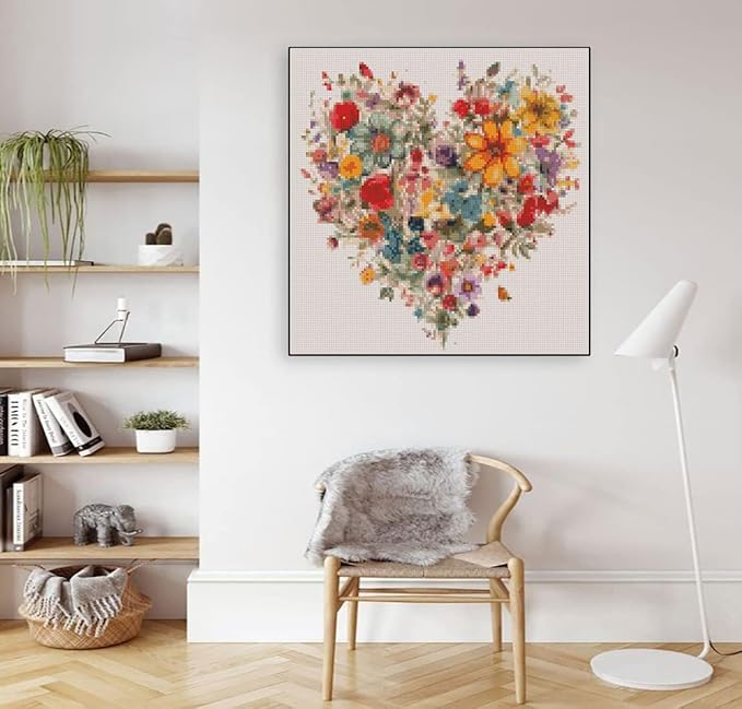 Valentine's Day Stamping Cross Stitch Kit, Flowers Counting Cross Stitch Kit for Adult Beginners , Full Line DIY Cross Stitch Stitching Kit for Home Decor Cross Stitch Patterns 13.7x13.7 inches