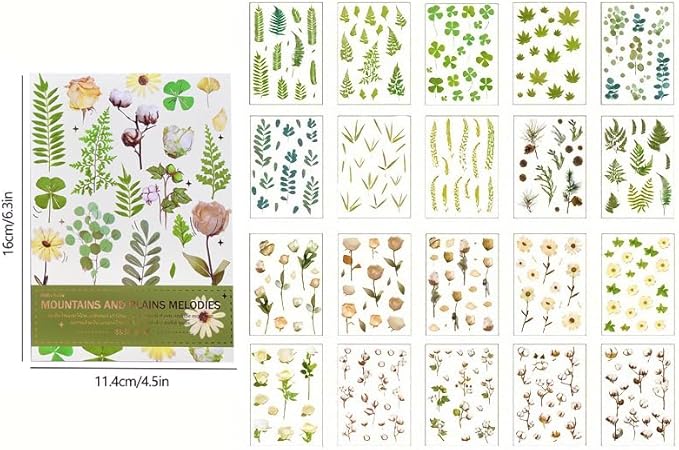 400PCS Plants Floral Scrapbook Stickers Kit Vintage Fern Flowers Green Transparent Waterproof Stickers Book for Scrapbooking Supplies Aesthetic Junk Journal Journaling Craft 20-Page