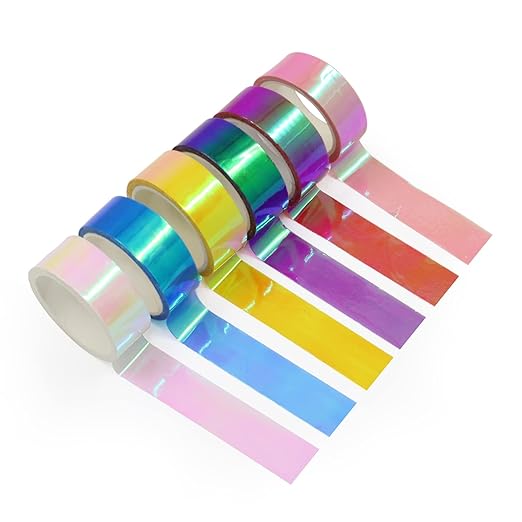 6 Rolls Holographic Tape 5m/196.8in Assorted Colored Tape Set Decorative Tape Prismatic Glitter Tape Hoops for DIY Arts Crafts Decoration Scrapbooking Gifts Wrapping (Multi)