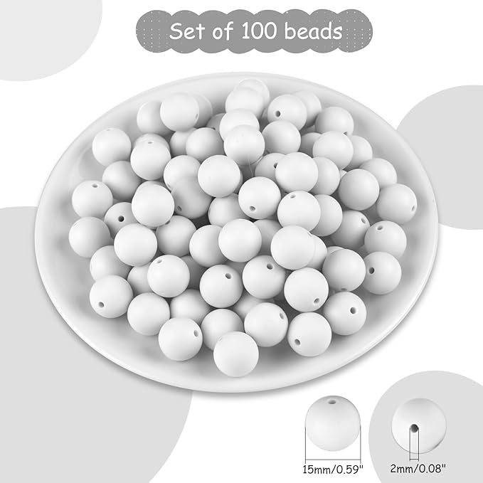 ASTARON 100 Pcs 15mm Silicone Beads for Keychain Making, White Round Rubber Beads Bulk for Bracelets Beadable Pens Decorations Crafts Supplies