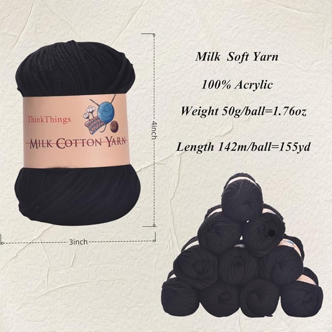 Acrylic Yarn for Crocheting Hand Crochet Yarn Black Cotton Yarn for Knitting 10Balls Pack 17.6Ounces,Crochet Yarn Black