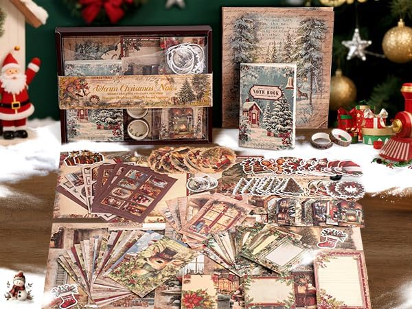 icceemee Scrapbooking Supplies Kit, Christmas Theme Scrapbooking Kit for Bullet Junk Journaling, Stationery, A6 Grid Notebook, Flower DIY Journaling Supplies, Birthday Craft Gift for Teen Girls