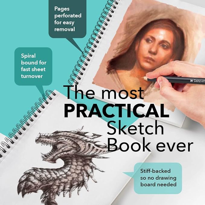 Castle Art Supplies Premium Sketch Books 9in x 12in | Double Sketch Pad Pack | 200 Sheets of Quality 90gsm Paper | for Adult Artists and Learners | Spiral Bound for Versatility