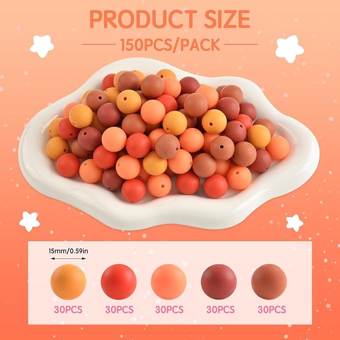 ZIFTY 150Pcs Silicone Beads for Keychain Making Kit 15mm Bulk Loose Round Rubber Silicone Focal Beads for Pens, Necklace Bracelet Making Kit, Jewelry, Art, Crafts, DIY(Orange)