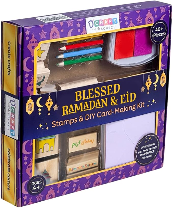 Ramadan & Eid Crafts Set with Stamps DIY Card-Making Kit for Kids 40 Pieces 11 Wooden Stamps, 12 Cards & Envelopes, 5 Pencils, Dual-Color Ink Pad, Ramadan Stickers-Islamic Gifts, Ramadan Decor