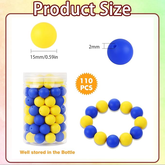 110 Pcs Silicone Focal Beads, EVERMARKET 15mm Silicone Beads for Keychain Making, Round Silicone Beads Bulk with Bottle, Rubber Loose Beads for Pens Crafts Necklace Bracelet Lanyard (Blue Yellow)