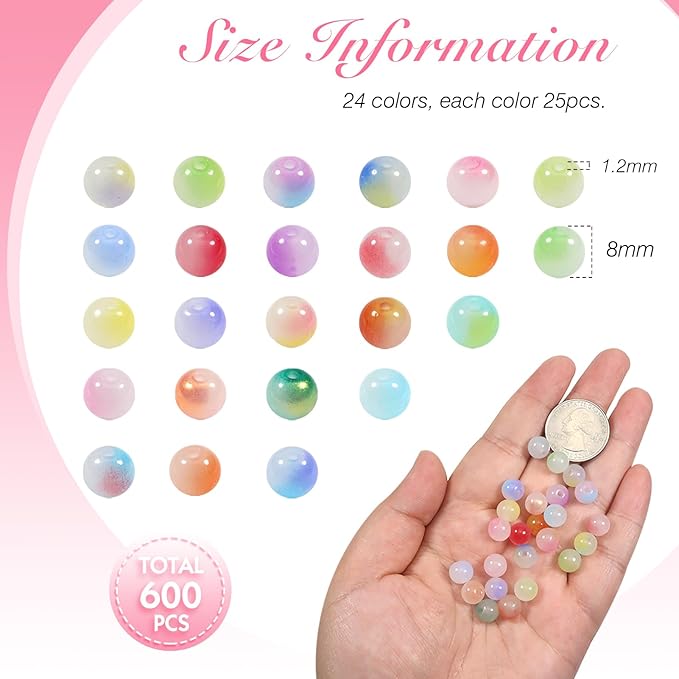 TOAOB 600pcs Glass Beads for Jewelry Making 24 Colors 8mm Round Crystal Gradient Beads Bracelet Making Kit for Necklace Jewelry Making and DIY Crafts