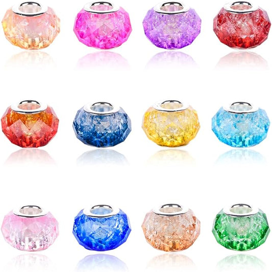 AIPRIDY 100Pcs 15x11mm Painting Murano Large Hole Glass Beads Mix Color with Silver Brass Cores European Charm fit Bracelet Necklace (Crack Up and Down Bicolor Faceted)