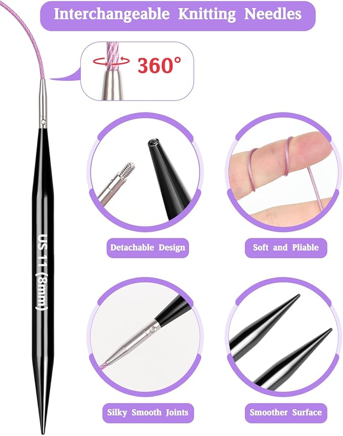Coopay Interchangeable Knitting Needles, 9 Pairs Knitting Needle Set (3-8mm) with 4 Cables (40/60/80/100cm), Aluminum Cable Needles for Hats, Socks, Scarves, Gloves, Sweaters, Portable Carry Bag