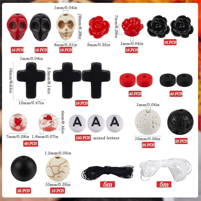 SUNNYCLUE 1 Box 416Pcs Halloween Beads Kit Stone Cross Beads Rose Flower Skull Synthetic Turquoise Black Red Gemstone Bead Natural Lava Rock Spacers for Jewelry Making Kits Adult Supplies