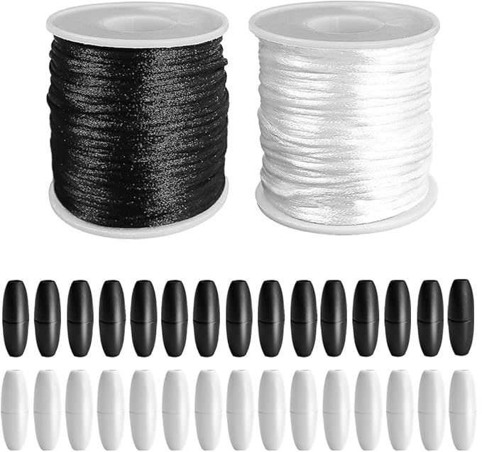 Ewparts Breakaway Clasp Black and White 30 Pcs with 2 Rolls Lanyard String Kit Safety Breakaway Clasps Beads Barrel Connectors for Lanyards with 2mm Nylon Cord for Necklace,Jewellry, id Badges,Keys