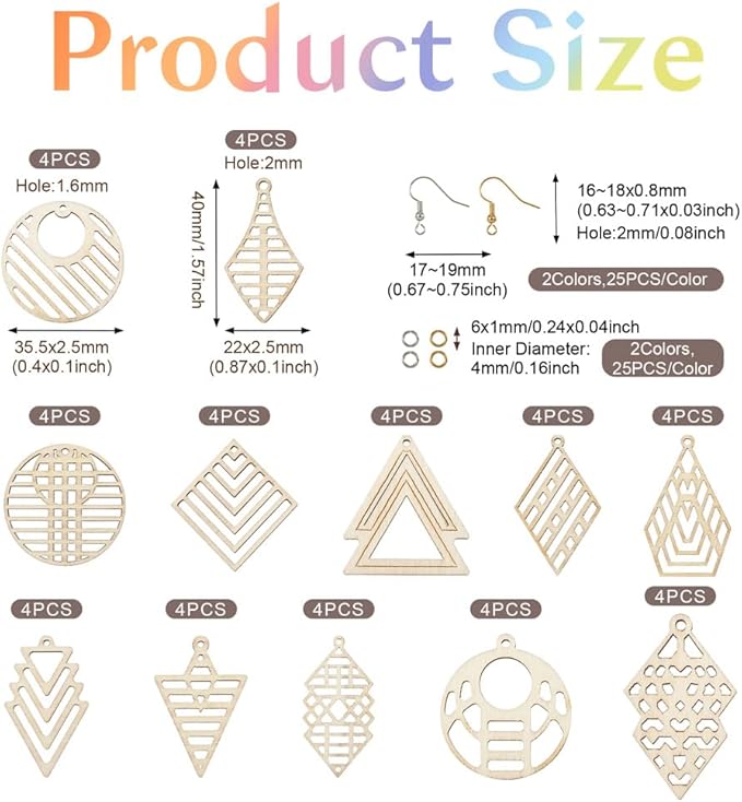 Boho Wooden Earring Making Kit 12 Styles Unfinished Natural Wood Filigree Pendants Round Rhombus Tree Arrow Kite Earring Charms with Ear Wire Jump Rings for DIY Jewelry Making