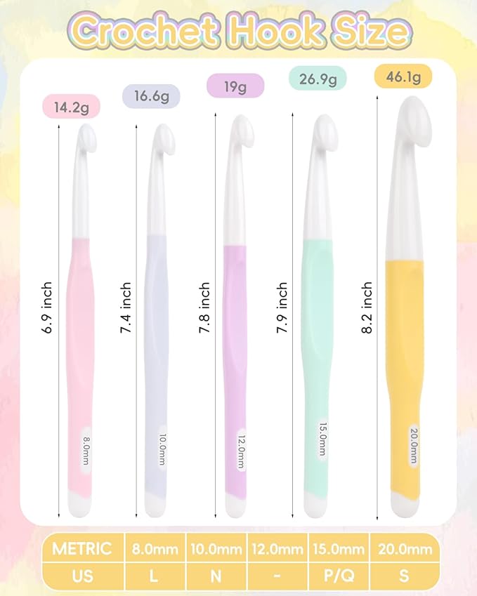 Aeelike Crochet Hooks 8mm, 10mm, 12mm,15mm, 20mm, Ergonomic Crochet Hooks Set with Large Rubber Handle for Chunky Yarn Weaving Blanket DIY Crafts,Ideal Gift