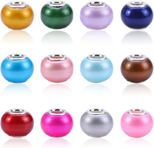 AIPRIDY 100Pcs 15x11mm Painting Murano Large Hole Glass Beads Mix Color with Silver Brass Cores European Charm fit Bracelet Necklace (Pearl)