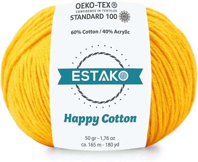 Estako Happy Cotton, 60% Cotton 40% Acrylic Yarn, Soft, Fine/Sport (2) for Crochet and Knitting 1.76 Oz (50g) / 180 Yrds (165m) (4730 - Mustard Yellow)