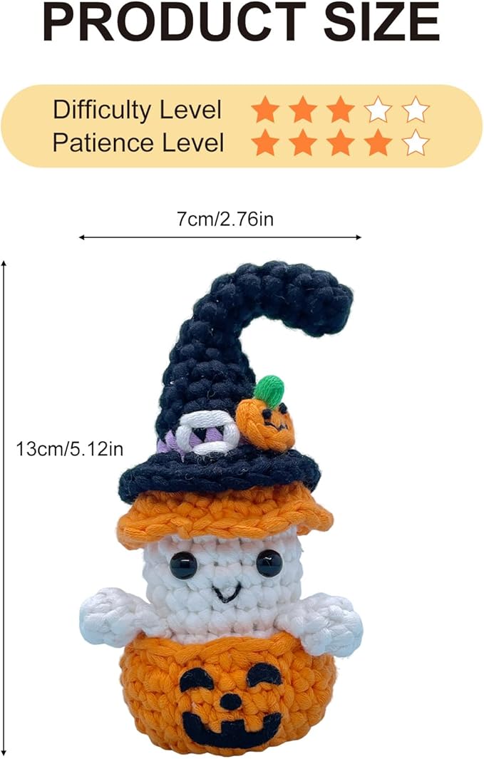Halloween Pumpkin Ghost Crochet Kit for Beginners, Learn to Crochet Starter Set with Video Tutorial & Crocheting Manual, Easy Yarn Knitting Project for Adult & Kid 12+, DIY Stuffed Doll Gift Idea