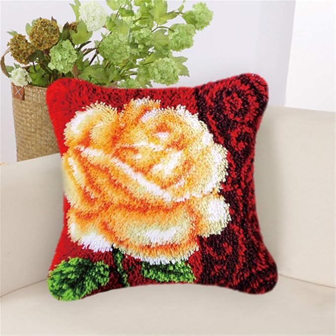 LAPATAIN Latch Hook Kits for DIY Throw Pillow Cover,Rose Pattern Needlework Cushion Cover Hand Craft Crochet for Great Family 17X17inch