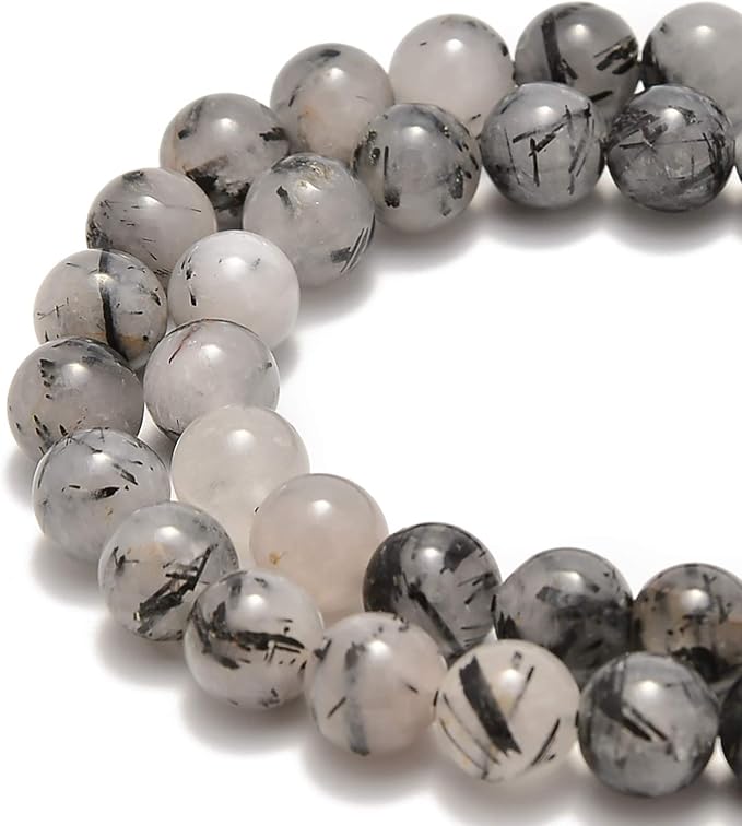 45pcs 8mm Natural Black Tourmalinated Rutilated Quartz Gemstone Round Spacer Loose Stone Beads for Jewelry Making 15.5" 1 Strand (Black Tourmalinated Rutilated Quartz, 8mm 45Beads)