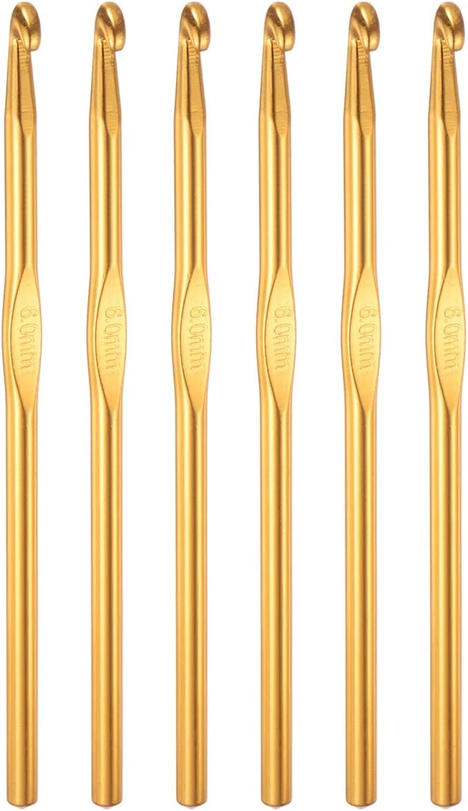 uxcell Aluminum Crochet Hook 6mm US Size J (Size 10) Knitting Needles for DIY Craft Yarn Gold Tone 6Pcs