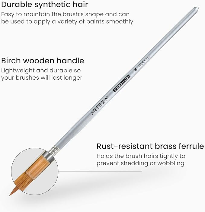 ARTEZA Watercolor Brush Set of 12, Synthetic Hair, Round & Flat Brushes for Watercolor, Acrylic, Gouache, Art Supplies for Adults, Beginners & Artists