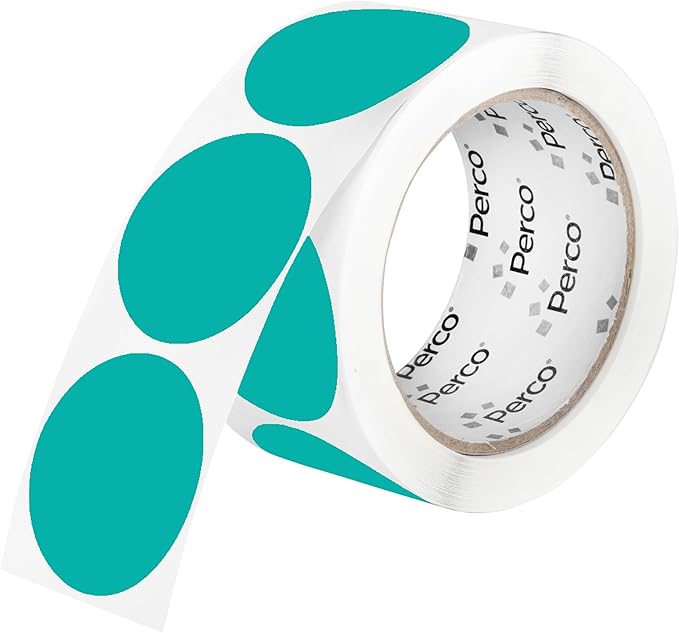 perco teal 2-inch perforated circle dot sticker labels — 250 round stickers per roll — with permanent adhesive for organizing, color coding, bin labeling, packaging alerts — made in usa