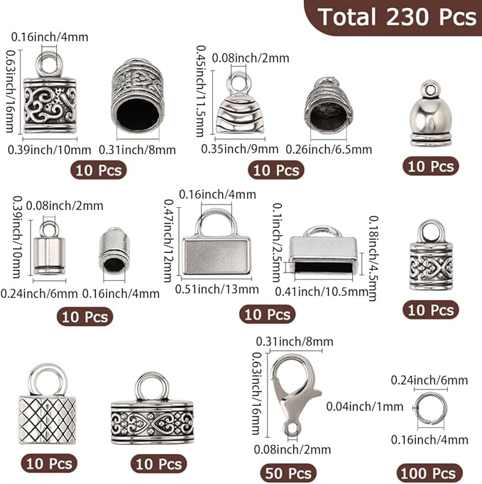 SUNNYCLUE 1 Box 230Pcs Kumihimo End Caps Cord End Caps Antique Silver Jewelry Findings Kit Leather Crimps Lobster Claw Clasps Open Jump Rings for Jewelry Making Accessories DIY Crafts Supplies