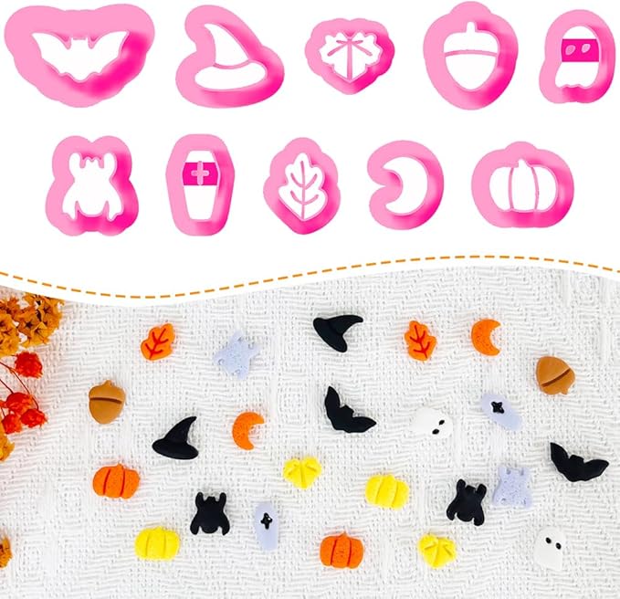 Xaekicr Halloween Polymer Clay Cutters Set - 10Pcs Clay Cutters for Polymer Clay Jewelry, Small Size Clay Tools for Earrings DIY, Fall Pumpkin Bat Witch Hat Molds