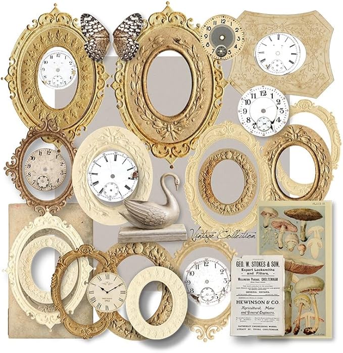 Vintage Junk Journal Items Kit Pre Cut Paper Cards Cutout Cardstock Art Aesthetic Decor Hollow Out Craft Elements Small Embellishments Supplies for Adults Scrapbook Pack (Photo Frame Yellow)