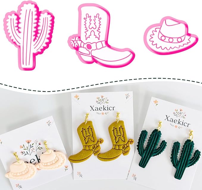 Xaekicr Western Theme Polymer Clay Cutters Set – 3PCS Cowboy Hat Boot Cactus Clay Earring Cutters, Polymer Clay Molds and Tools for DIY Jewelry Making