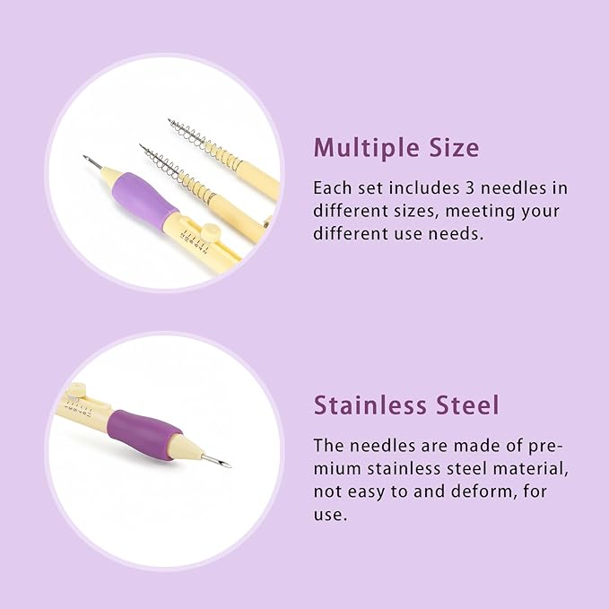 Needle Punch Kit, Adjustable Needle Length Embroidery Needle Punch with 3 Sizes, Embroidery Stitching Punch Needles Set for Adults Beginner