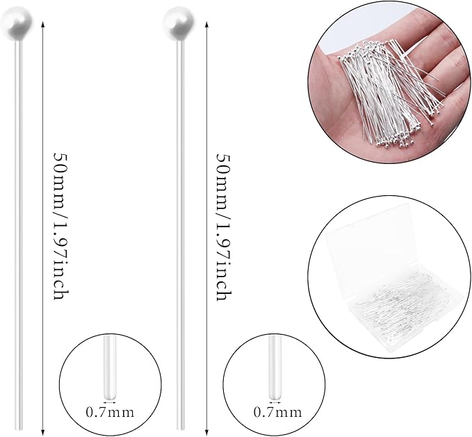 200 Pcs 50mm Straight Ball Pins for Craft Earring Bracelet Necklace Pendant DIY Jewelry Making, Silver Color