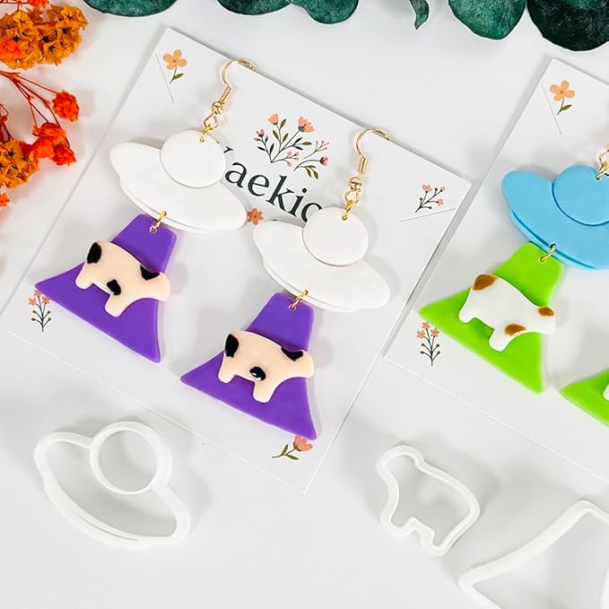 Xaekicr UFO Cow Polymer Clay Cutters Set - 3Pcs Alien Theme Clay Cutters for Earrings, Polymer Clay Molds, Halloween Clay Tools