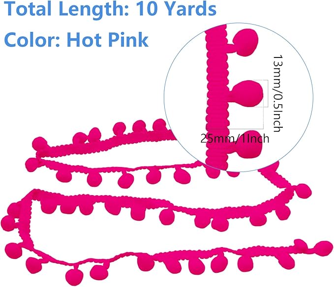 Homiest 10 Yards Pom Pom Trim for Sewing, 1 Inch Wide Hot Pink Ribbon Bundles Textured Fabric Fringe Ribbon, 13mm Ball Pompom Trim for DIY Crafts Curtain Clothes Pillow Home Decoration