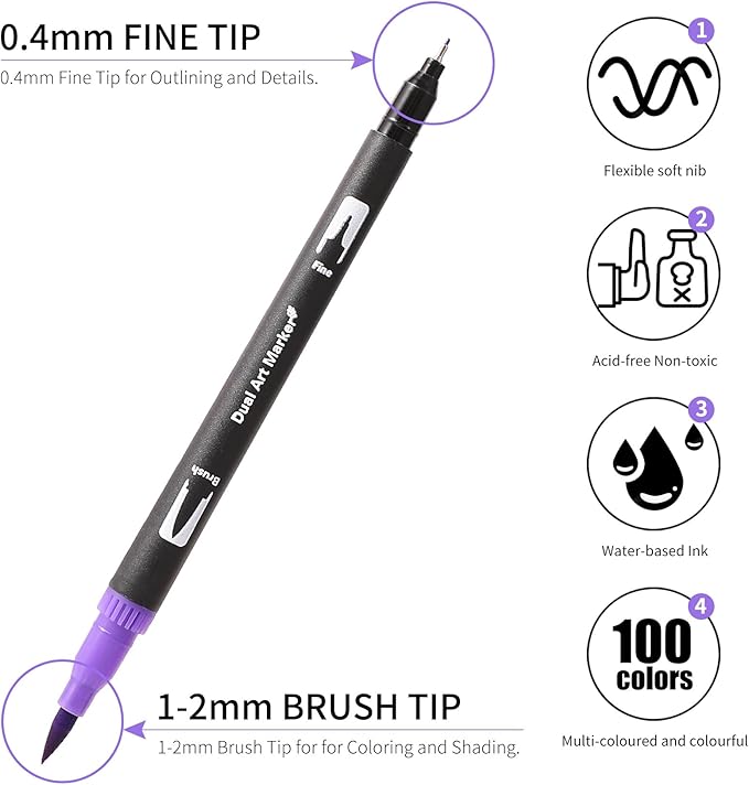 Dual Tip Markers, Brush Art Markers Set with Fine Tip and Brush Tip for Adult Coloring Book, Hand Lettering, Calligraphy & Drawing, Professional Art Supplies Kit for Adults (100 Colors)