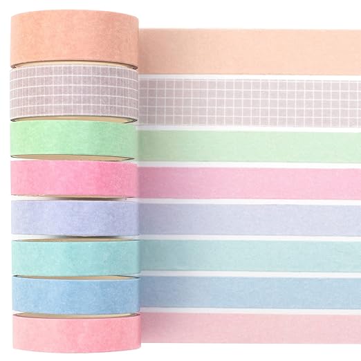 YUBBAEX 8 Rolls Basic Washi Tape Set Solid Color Grid Masking Decorative Tapes for Arts, DIY Crafts, Journals, Planners, Scrapbooking, Wrapping (Champagne)