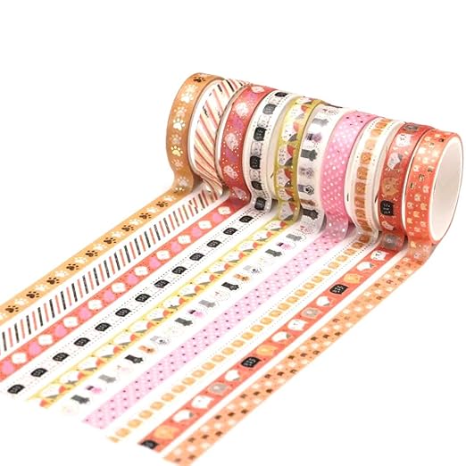 YUBBAEX 10 Rolls Sparkling Washi Tape Set 8mm Skinny Gold Foil Decorative Masking Washi Tapes for Journal,Scrapbook, Planner, DIY Crafts (Sweety Kittens)