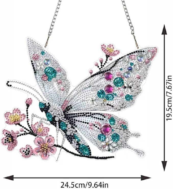 STGLCR Hanging Diamond Art Kits for Adults Pendant Butterfly, Special Shaped Crystal DIY Diamond Painting Kit, Acrylic Board Flower Pendants Double Sided, Home Decor 9.64 Inch