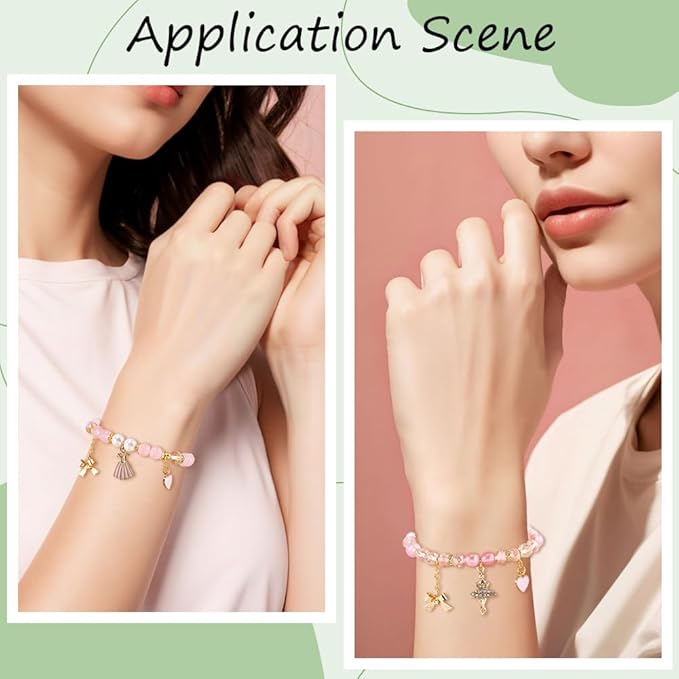 SUNNYCLUE 1 Box DIY 6 Sets Valentine's Day Glass Bead Bracelet Kit Dancer Charms Enamel Pink Heart Rhinestone Dance Dress Shoes Gold Bowknot Charms for Jewelry Making Kits Beginner Wedding Supply