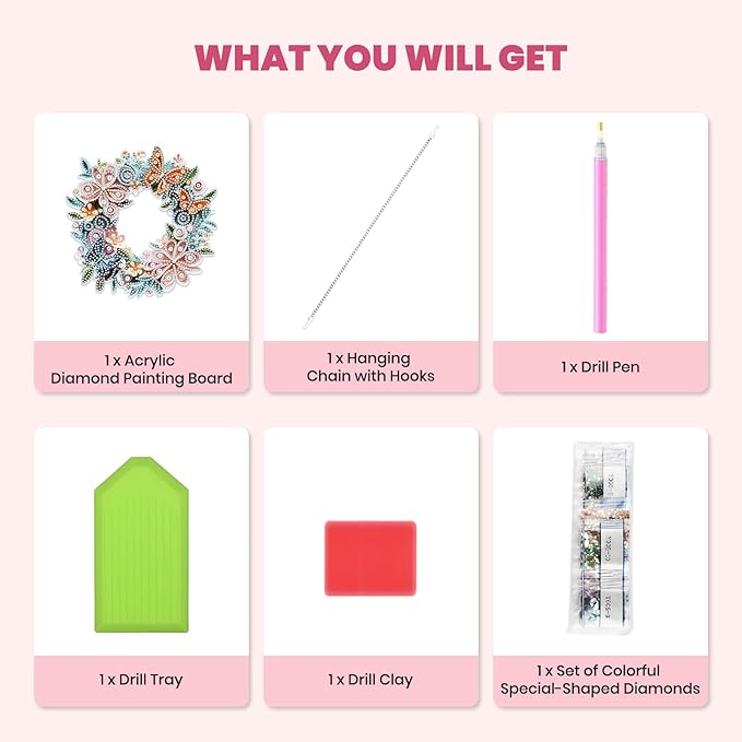 MXJSUA Special Shaped Hanging Diamond Painting Art Kits for Adults, Flower Butterfly Wreath 3D Crystal Rhinestone Acrylic Gem Art Pendant Ornaments Kit for Home Decoration and Gift