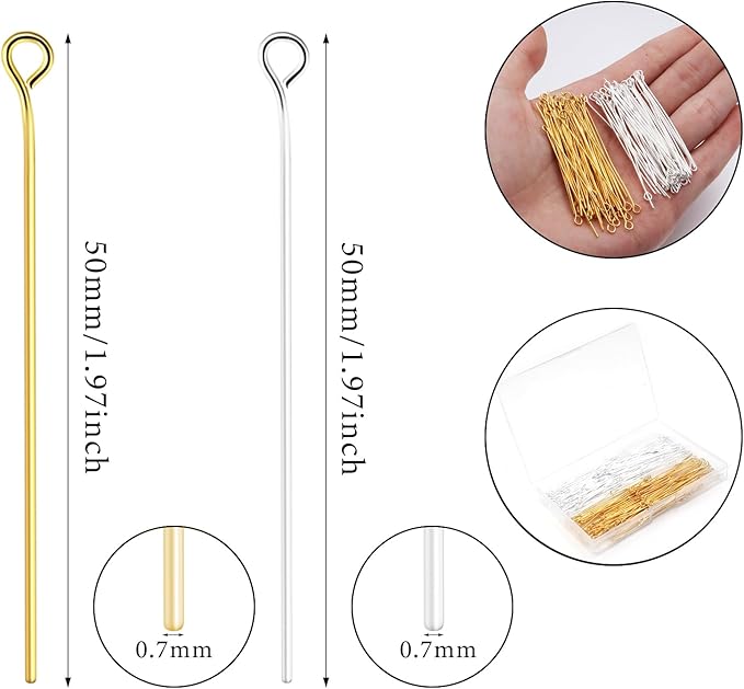 200 Pcs 50mm Straight Eye Pins for Craft Earring Bracelet Necklace Pendant DIY Jewelry Making, Silver & Gold Color