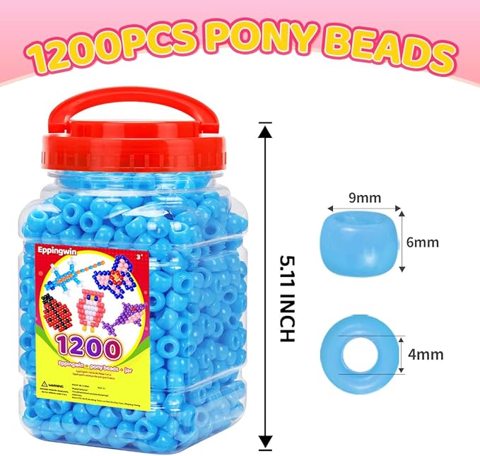 eppingwin 1200pcs pony beads for bracelets, 6x9mm kandi beads for hair braids, easy storage pony bead for jewelry making (blue)
