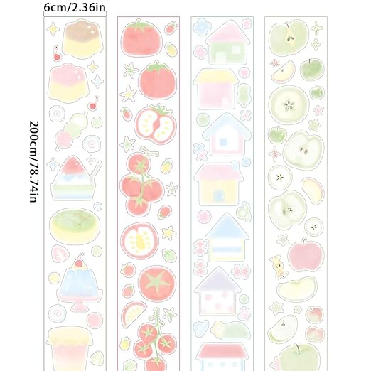 4 Rolls Washi Tape Set,Cute Washi Tape Stickers with Die Cutting,Cartoon Fruit PET Washi Tape,Self-Adhesive Waterproof PET Tape,DIY Crafts Decorative Tape for Journaling Scrapbooking Supplies