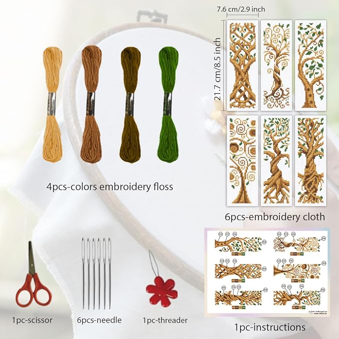 ORIGACH 6 Set Tree of Life Cross Stitch Bookmark Kit for Beginner with Backing Felt Floss Instructions DIY Stamped Embroidery Bookmark Kit for Adults, Book Lovers