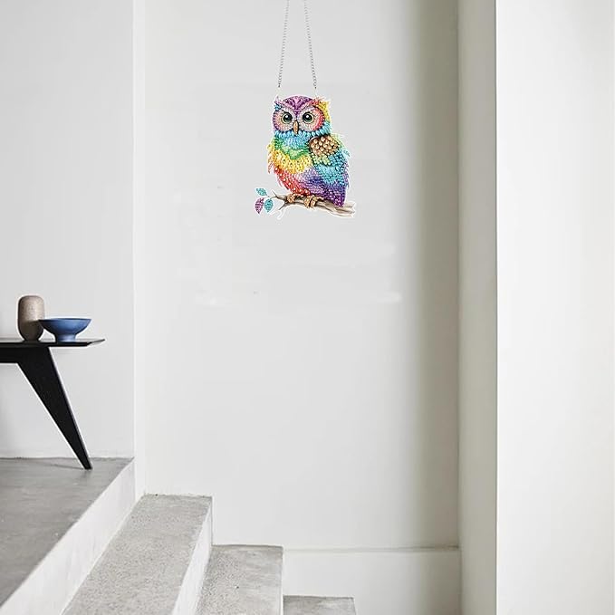 TDFERAN Diamond Painting Pendant DIY Colorful Owl Diamond Art Hanging Artwork Decoration Kit Garden Window Handmade Hanging Ornaments, Adult Painting Craft Gem Pendant Wall Home Decor