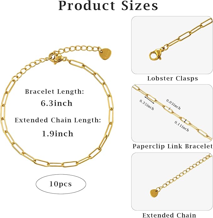 KYUNHOO 10 PCS 6.3 Inches Stainless Steel Paperclip Bracelet Chains Bulk Gold Plated 3MM Wide Paper Clip Chain for Jewelry Making with Extender