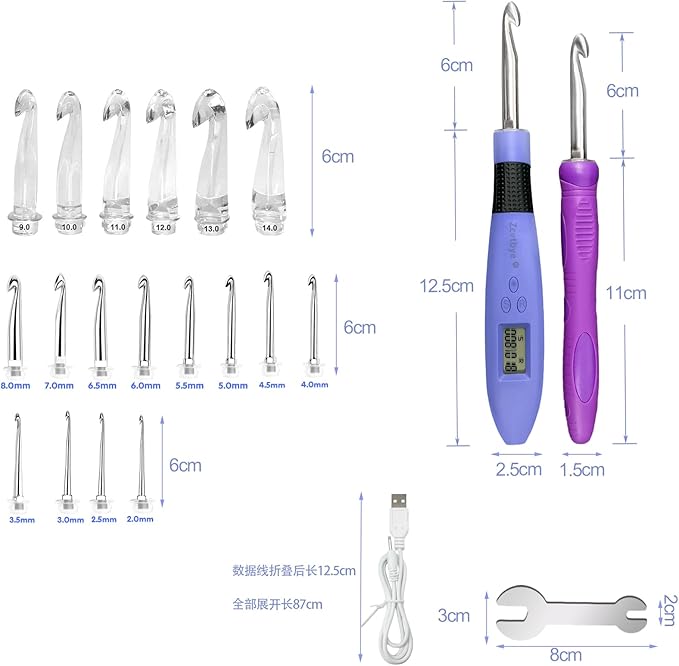 18 Size Light Up Crochet Hook Set with Digital Counter, Ergonomic Crochet Hooks for Arthritic Hands, 2.0–14.0mm Interchangeable Crochet Hooks with Case, Rechargeable and Beginner-Friendly