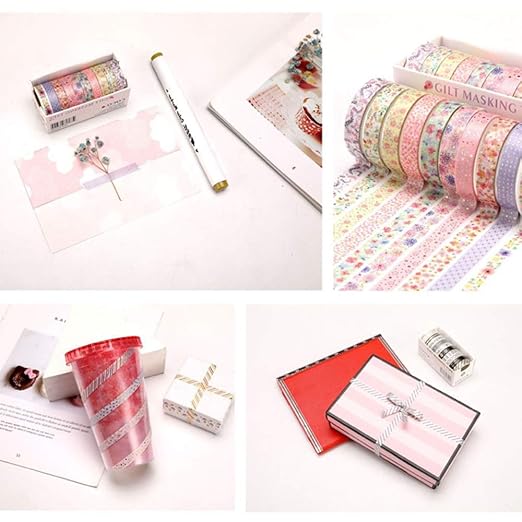 YUBBAEX 10 Rolls Sparkling Washi Tape Set 8mm Skinny Gold Foil Decorative Masking Washi Tapes for Journal,Scrapbook, Planner, DIY Crafts (Beautiful Flowers)