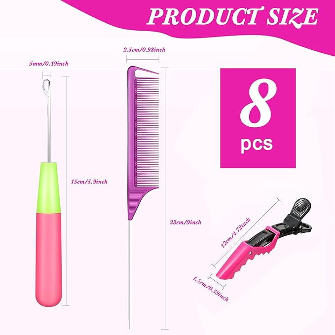 8 Pcs Hair Crochet Hooks Set with Accessories Include 2 Plastic Crochet Needle Hooks 4 Alligator Hair Clip and 2 Rat Tail Comb Tool Kits for Braiding, Extension