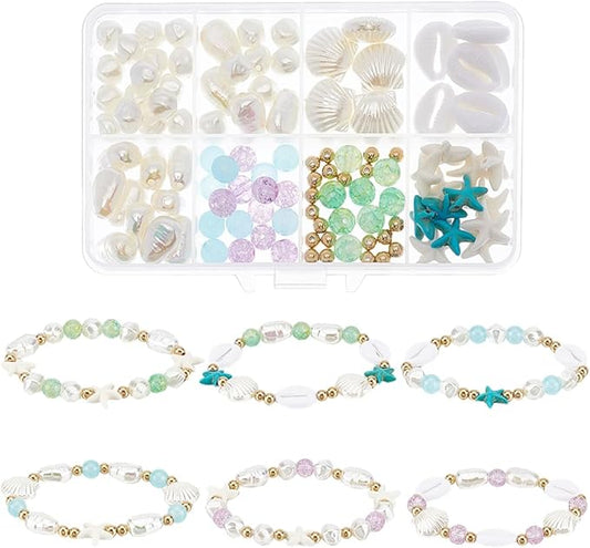 SUNNYCLUE 1 Box 6 Sets Summer Bracelet Making Kit Imitation Pearl Beads Sea Animal Starfish Beads Lucky Turquoise Hawaii Ocean Shell Spacers for Jewelry Making Kits Women Adults Supplies